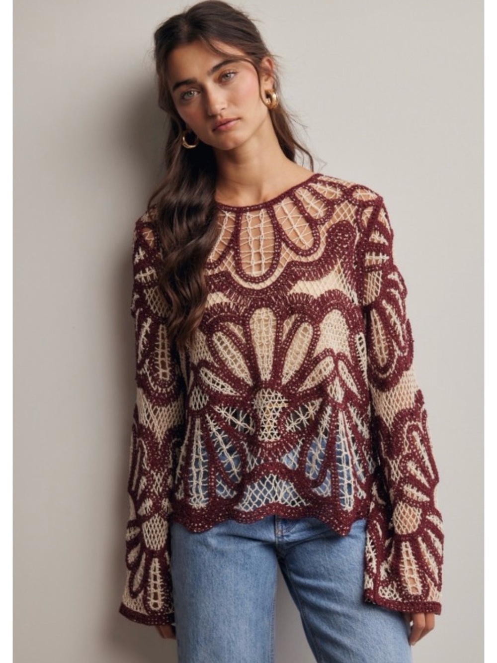 Crochet-Pattern Long Sleeve Top in Burgundy and Cream